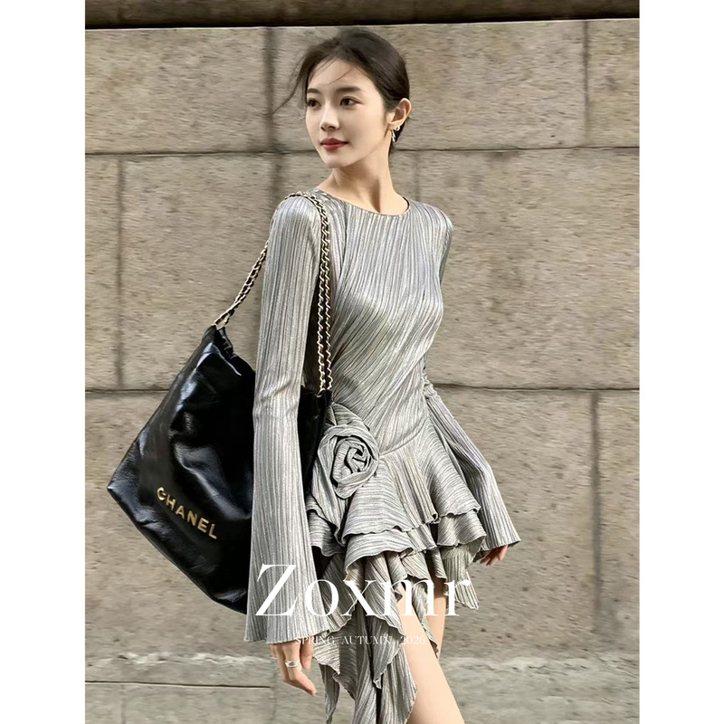 French Designer's Stunning Dress with Pleated Texture, Irregular Ruffles, Gray Flared Sleeves, and Round Neck