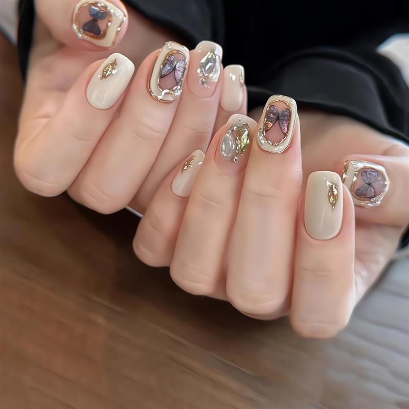 Handmade Baroque High-End Butterfly Nail Art, Pure Handmade Whitening Nails, French Style Short Press-On Nails, Elegant