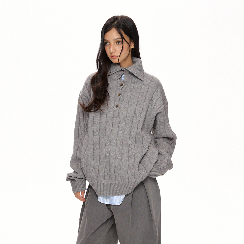 Vatty Simple High-End Gray Cable Knit Turtleneck Sweater for Women, Loose Casual Old Money Style Retro Button Knit Jacket
