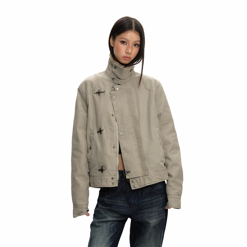 Vatty American Retro Style Airplane Buckle Design Fleece-Lined Lapel Jacket for Women Vintage Distressed Cotton Coat Winter Vatty American Retro Style Airplane Buckle Design Fleece-Lined Lapel Jacket for Women Vintage Distressed Cotton Coat Winter