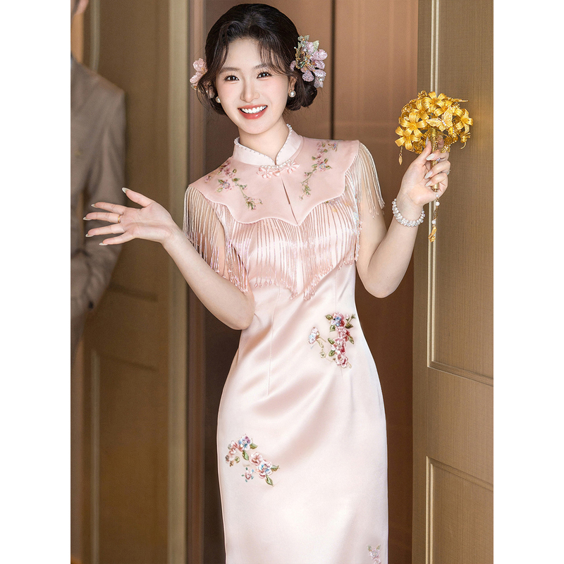 Pink Toast Dress, Retro Style Thank-You Banquet Cheongsam Dress, New Chinese Style Engagement Banquet Dress, Stunning Bridal Morning Gown Pink Toast Dress, Retro Style Thank-You Banquet Cheongsam Dress, New Chinese Style Engagement Banquet Dress, Stunning Bridal Morning Gown