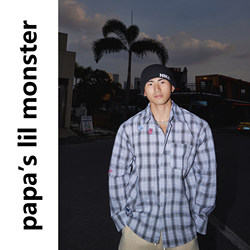 Papaslilmonster [Grid bump interest] American retro Gingham Contrast Color gradient lapel Long sleeves shirt