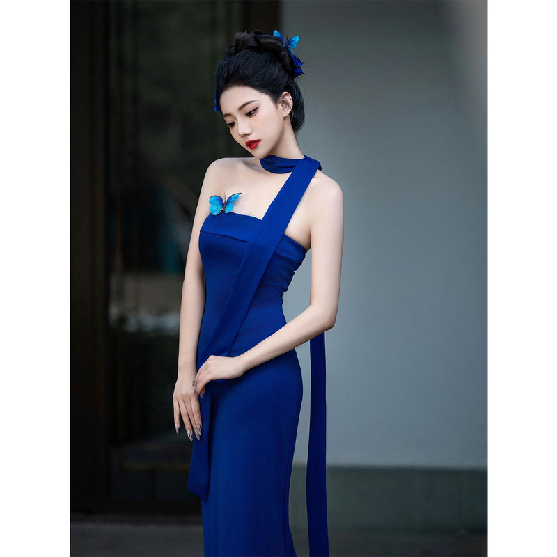 Blue Morning Gown Bride Light Luxury Niche Engagement Chinese-Style Dress Slim Fit High-End Banquet Strapless Fishtail Dress