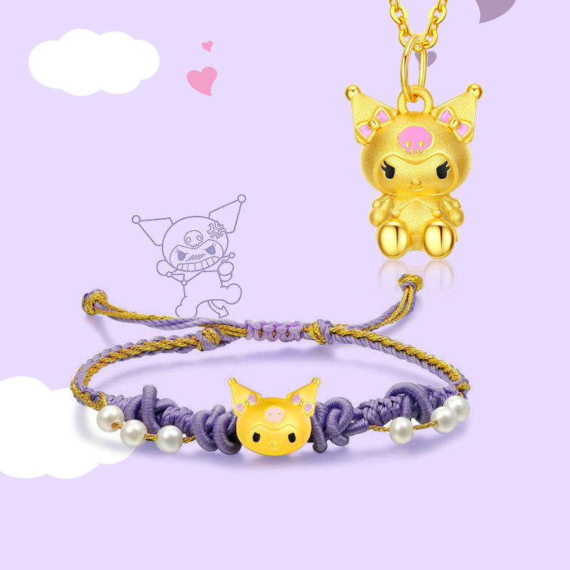 Official Genuine Sanrio Kuromi Bracelet Pendant for Women, Lucky Beads, European and American Fashion Gold-Plated Silver Necklace, Gift for Girlfriend