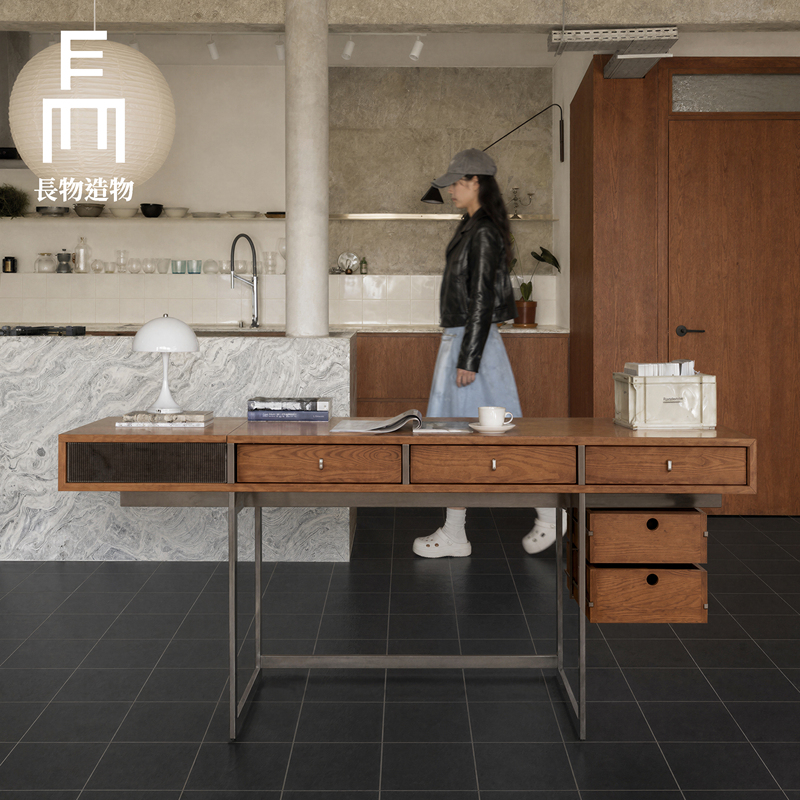 Longwu Creation | Floating Island Desk, Solid Wood Desk, Vintage Bauhaus Minimalist Computer Desk, Multi-Functional Design