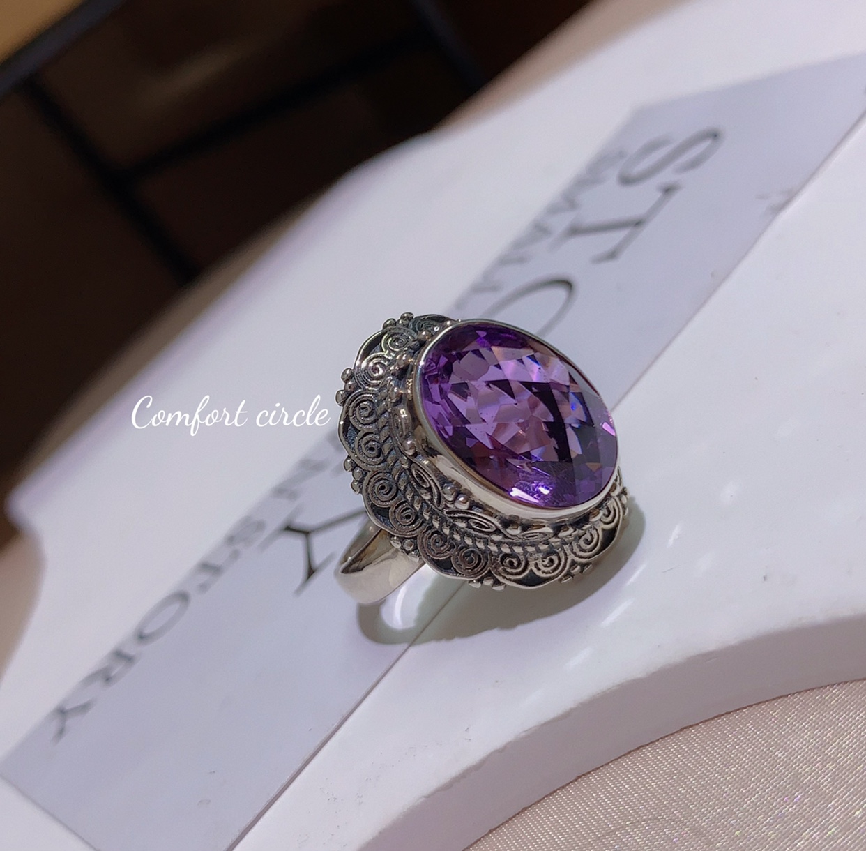 S925 pure silver inlaid natural amethyst egg face ring oval rhombus-shaped opening ring female temperament handmade-Taobao