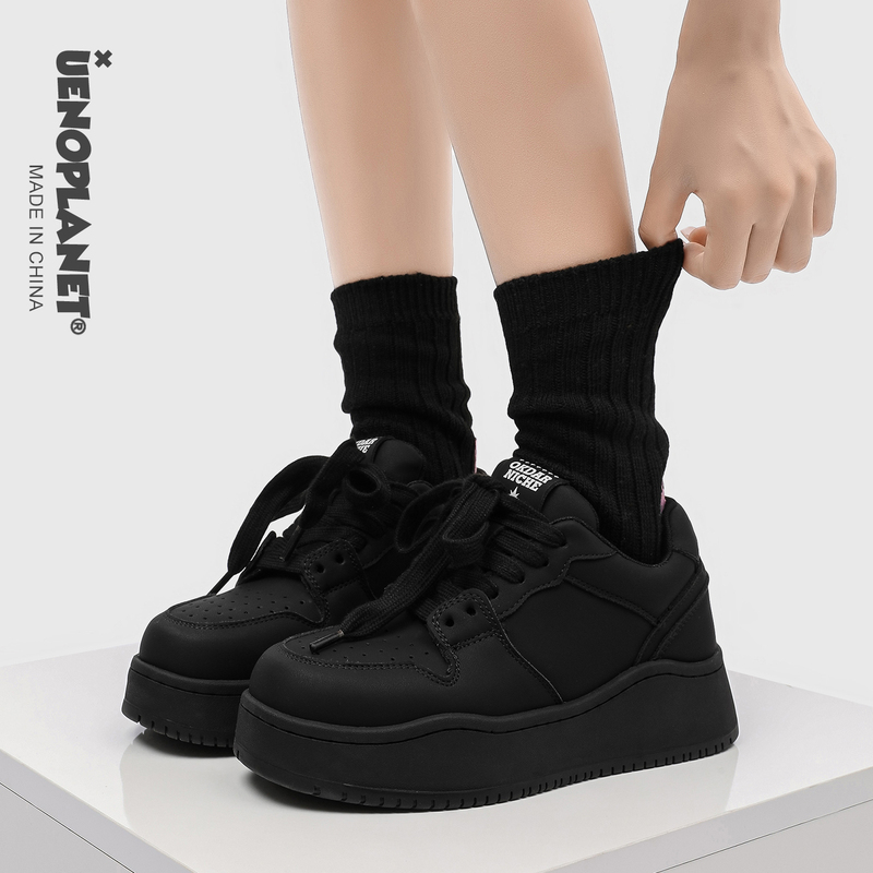 Uenoplanet Celebrity Style Black Loafers with Thick Soles for Height Increase, Unisex Niche Original Couple Casual Sneakers