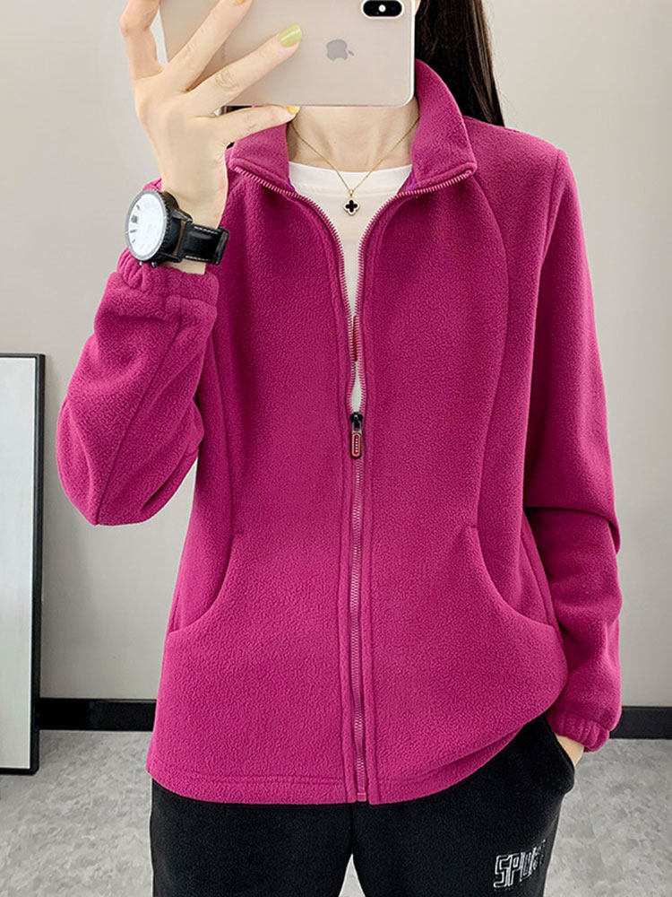 Spring and Autumn Outdoor Fleece Jacket for Women 2025 New Casual Warm Stand Collar Hiking Coat Solid Color Short Fleece Top