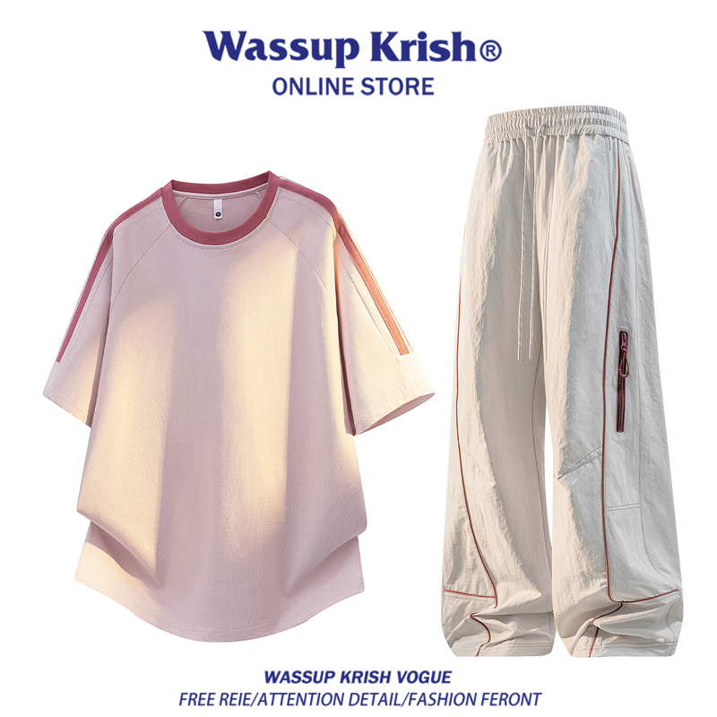 Wassup Krish Dopamine Casual Sports Suit for Men, Summer Ice Silk Thin Style, Color-Blocked Round Neck Short-Sleeve Long Pants
