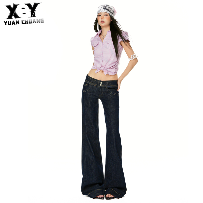 Dark Blue Low-Waist Flared Jeans for Women, 2026 Summer New Style, Loose and Drapey, Petite Straight-Leg Floor-Length Pants
