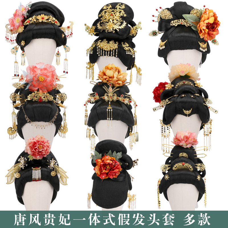 Tang Dynasty Style Wig for Women, Tang Dynasty Noble Concubine Cross-Dressing Performance Wig, Full Head Updo Hairstyle Headpiece Set