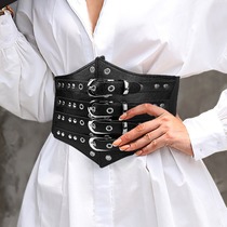 Japanese FC style retro metal buckle elastic wide belt with rivets fashionable matching coat elastic waistband