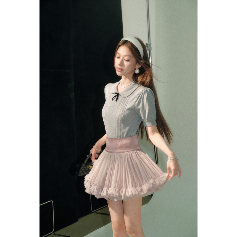 Olivia Duo Doll Collar Bow Top 2026 Summer Twist Short Lyocell Lightweight Women's Knitwear