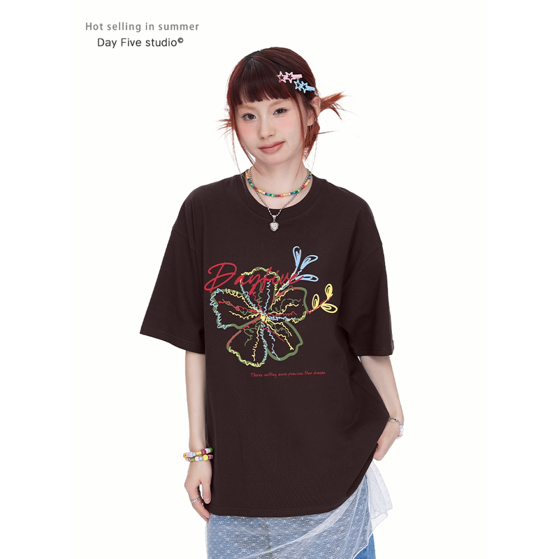 Fifth Day Korean-Style Floral Print Short-Sleeve T-Shirt for Women, New Summer Versatile Niche Design Top