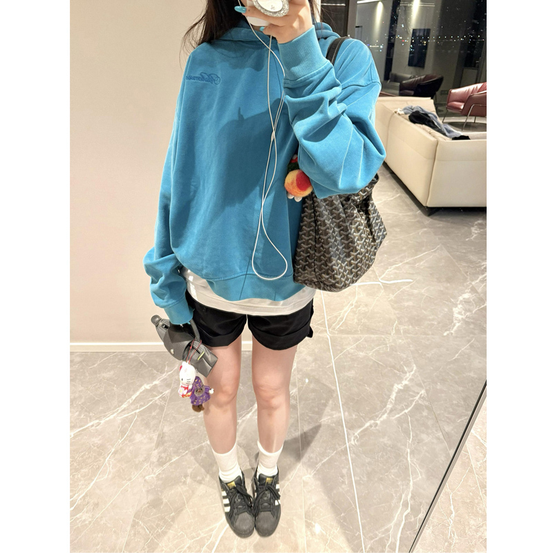 American-Style Lake Blue Washed Vintage Three-Dimensional Embroidered Hooded Sweatshirt for Women, New Spring and Autumn Casual Loose Jacket for Couples