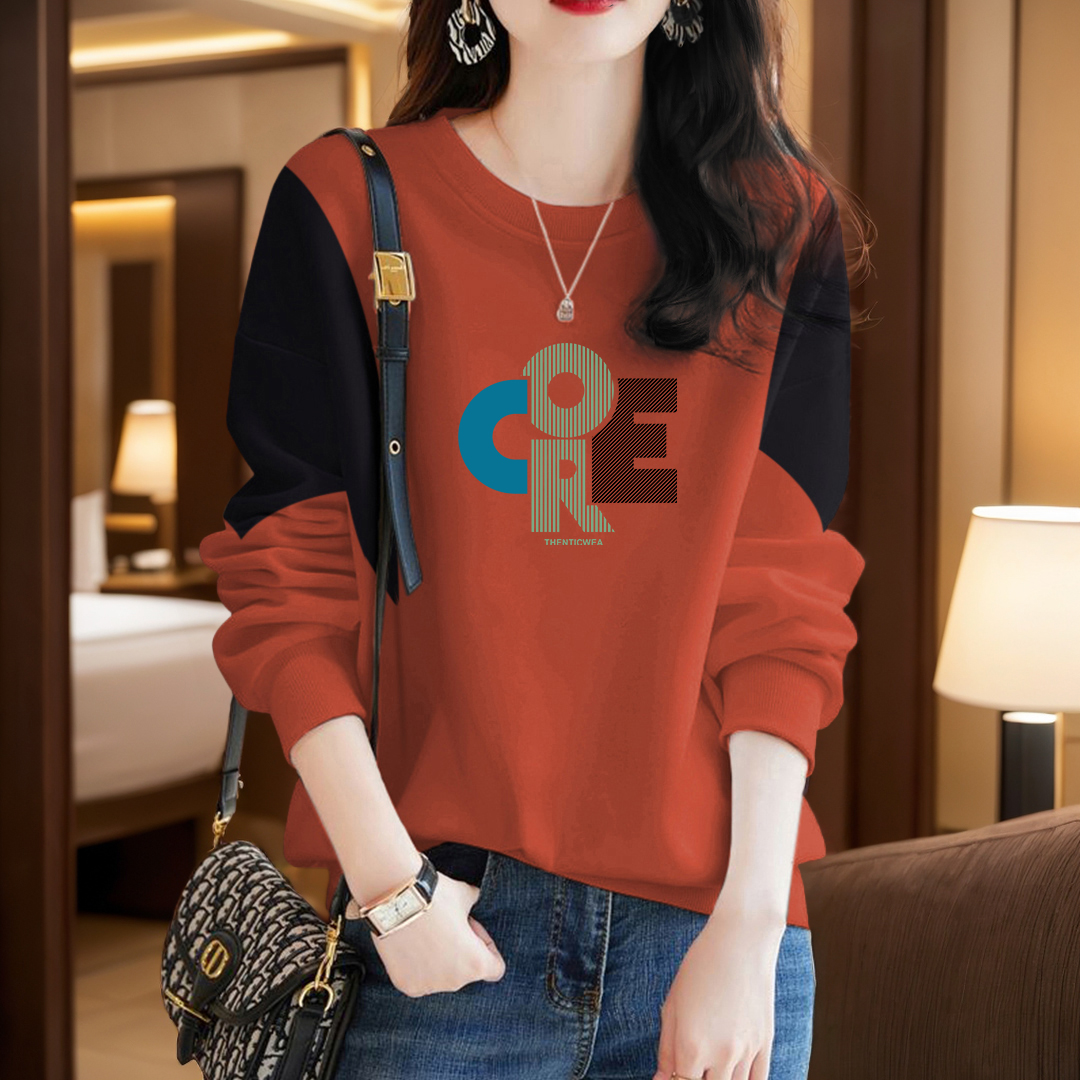 オレンジレッドステッチデザインニッチ長袖スウェットシャツレディース秋ファッション韓国スタイルオールマッチルーズスリムジャケットトップ