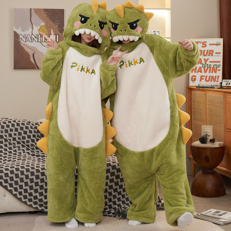 Funny Dinosaur One-Piece Pajamas for Men and Women, Autumn and Winter Style, Thick Coral Fleece, Cartoon Couple's Plush Loungewear, Can Be Worn Outside