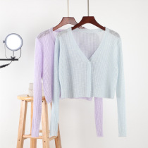Thin knitted ice silk cardigan for women long-sleeved summer outerwear short air-conditioning shirt sun protection shawl top womens blouse