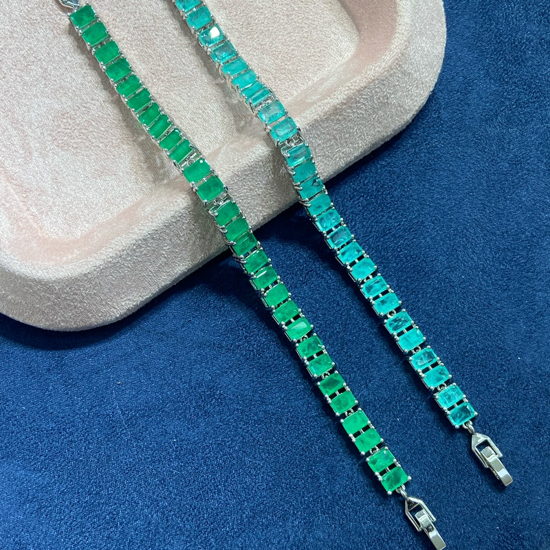 High-End Synthetic Paraiba Blue Rectangular Emerald Bracelet with Gold Plating, Small Version