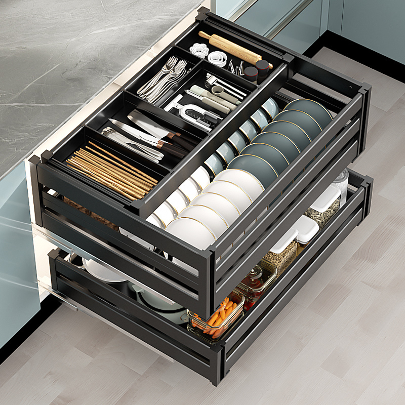Ainomila Kitchen Cabinet Space-Saving Aluminum Alloy Double-Layer Drawer-Type Bowl Storage Cabinet Kitchen Cabinet Bowl Basket Bowl Rack Bowl Holder