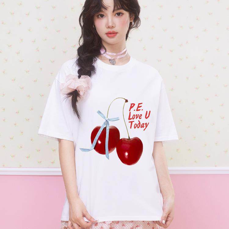 Женская летняя хлопковая футболка с принтом Peach Shop simple bowknot cherry с короткими рукавами из высококачественного хлопка в стиле колледжа Изображение 1