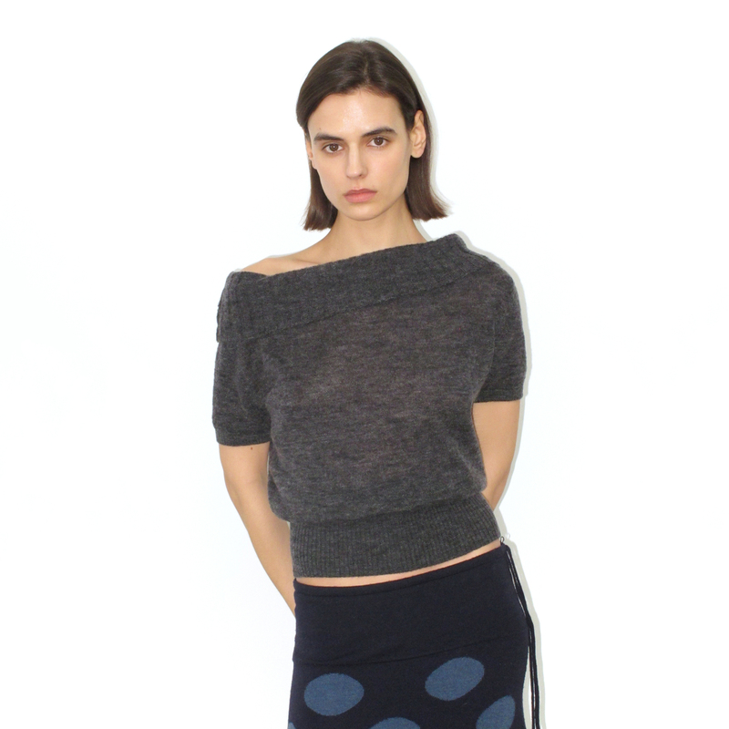 Mito De Dar Mohair Wool Blend Off-Shoulder/One-Shoulder Ribbed Stacked Knit Short-Sleeve T-Shirt Top Mito De Dar Mohair Wool Blend Off-Shoulder/One-Shoulder Ribbed Stacked Knit Short-Sleeve T-Shirt Top