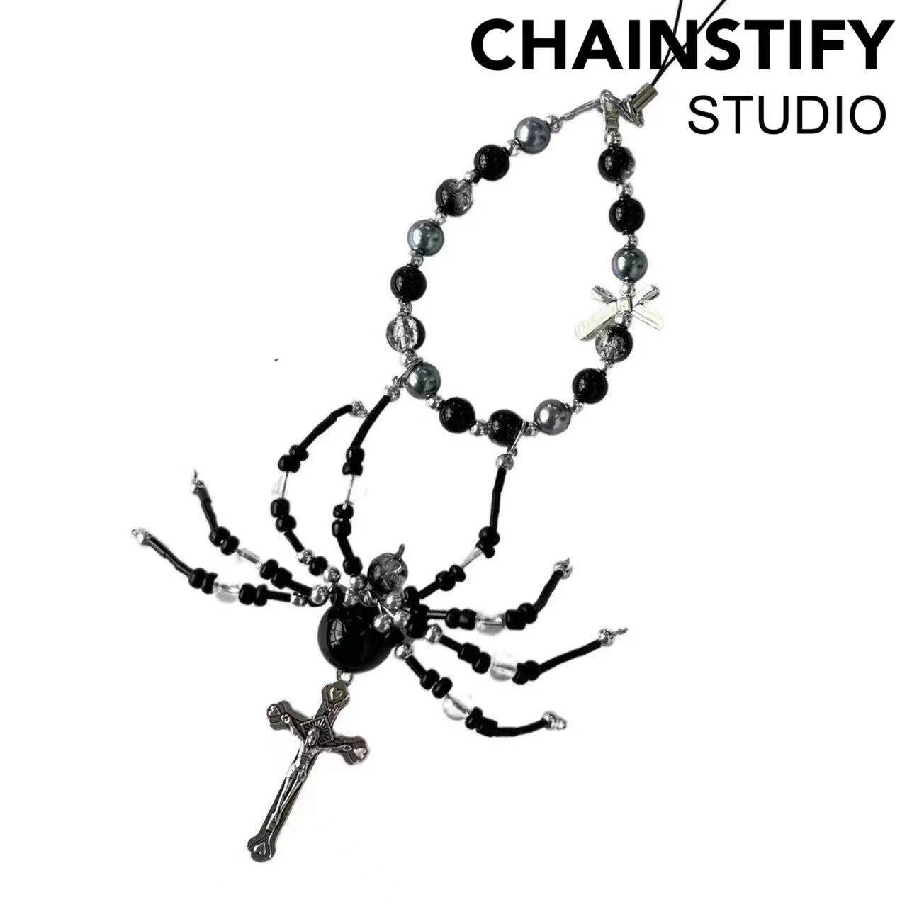 New Korean style Halloween spider cross pendant acrylic beaded lanyard phone chain keychain