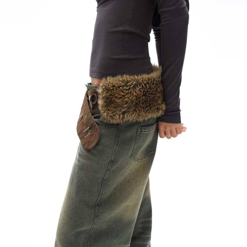 Oinimi Dopamine Buttonhole Fun Fur Belt Waist Cincher Multi-Use Scarf Waist Cincher Layered Styling