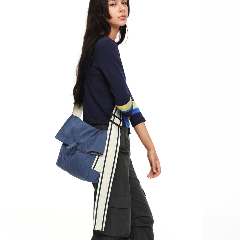 Oinimi Contrasting Color Wide Shoulder Strap Canvas Flap Messenger Bag Casual Work Clothing Large Capacity Canvas Crossbody Bag
