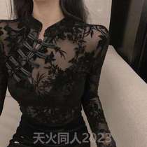 Retro bottoming long-sleeved lace high-end black slim-fitting shirt for women with a sense of button-up shirt see-through slimming bottoming autumn and winter inner