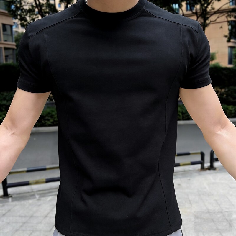 Men's Fitness Short-Sleeve Sports Quick-Dry T-Shirt with Patchwork Cuffs, Muscle-Enhancing, Heavyweight, Breathable and Stretchy for Running and Training