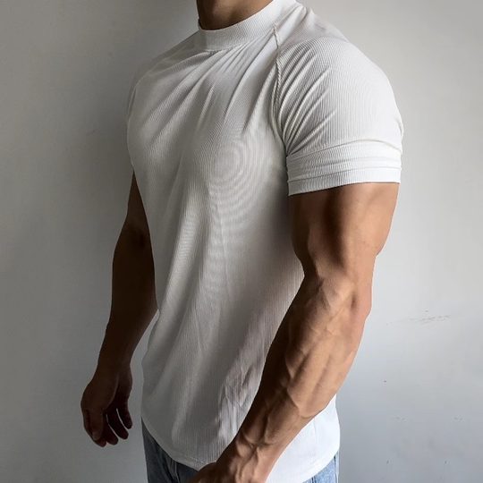 Camiseta deportiva de verano de manga corta para hombre, puños ajustados, elástico, de secado rápido, escote pequeño, entrenamiento muscular, ropa deportiva para correr