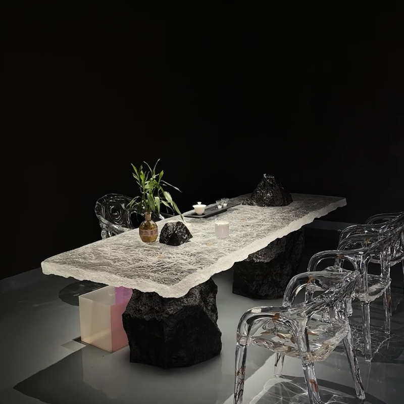 Modern Creative Designer Transparent Resin Leaf Tea Table for Living Room Villa Reception, High-End Water Ripple Irregular-Shaped Coffee Table