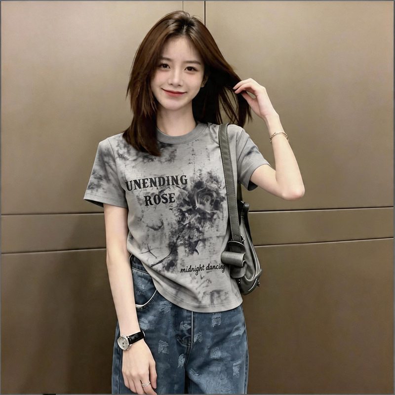 Unique Design Tie-Dye Distressed Short-Sleeve T-Shirt for Women, Loose Fit, Slimming, Pure Cotton, Versatile for Commuting, Vintage and Stylish Top Unique Design Tie-Dye Distressed Short-Sleeve T-Shirt for Women, Loose Fit, Slimming, Pure Cotton, Versatile for Commuting, Vintage and Stylish Top