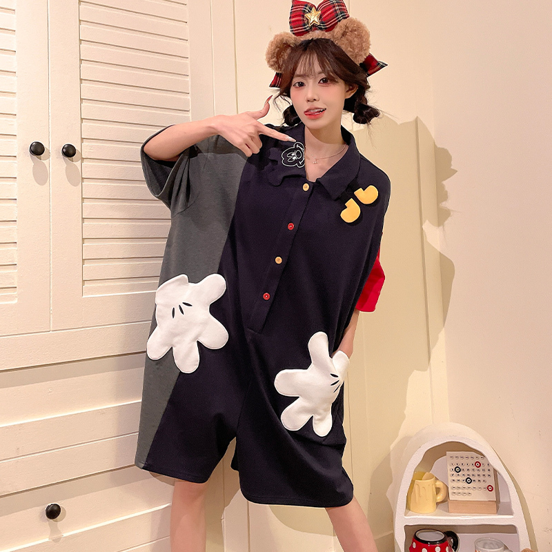 Mickey One-Piece Pajamas for Women 2026 Summer New Short-Sleeved Pure Cotton Student Lapel Cute Cartoon Style Home Wear