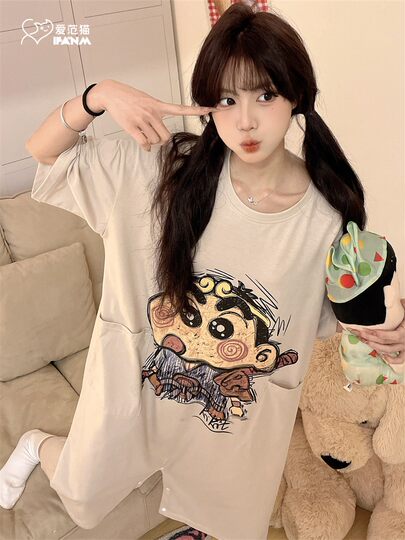 Crayon Shin-Tianjin pajamas for girls in summer thin short-sleeved pure cotton plus size loose and cute student home clothes