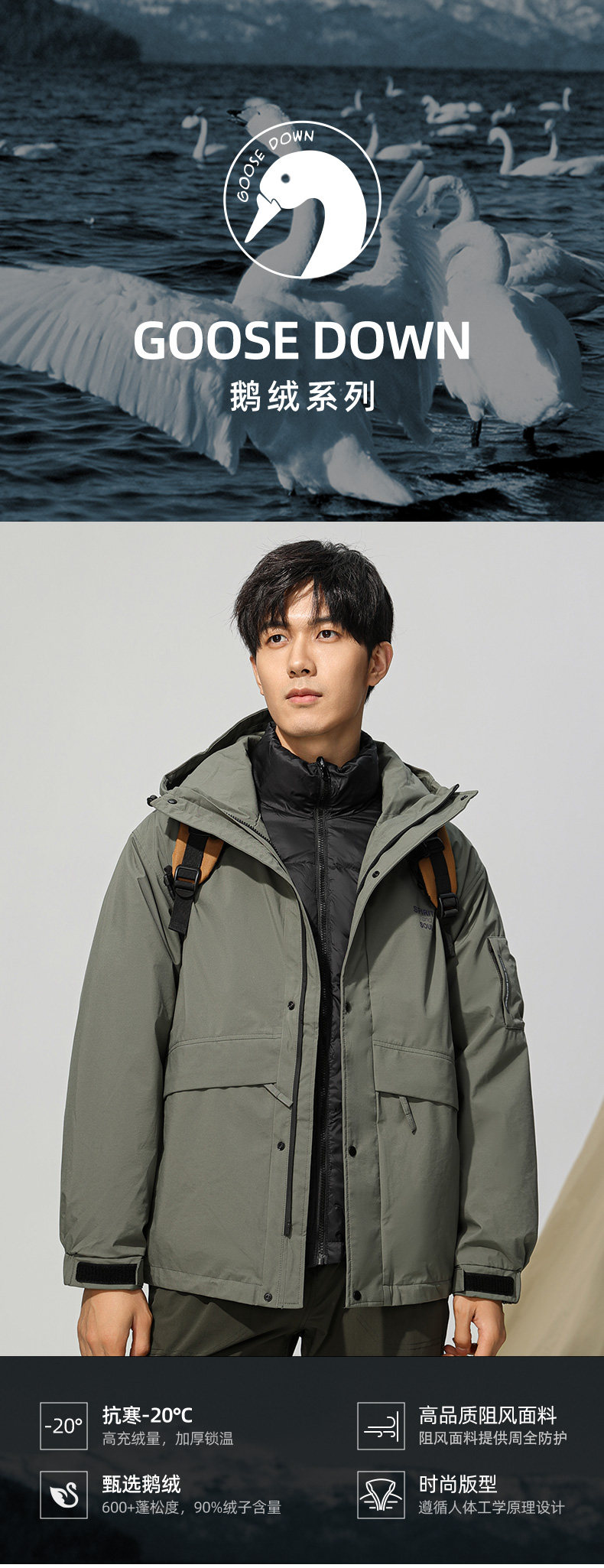 可抗寒-20℃ Jeep Spirit 吉普 鹅绒羽绒服+可脱卸冲锋衣工装外套 天猫优惠券折后￥459包邮（￥600-141）4色可选