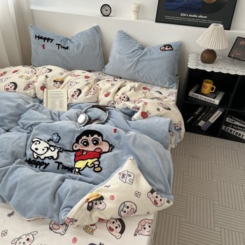 Cartoon ins Cute Shin-Chan Towel Embroidery Milk Velvet Bed Sheet Four-Piece Set Coral Velvet Duvet Cover Warm Three-Piece Set 1.5