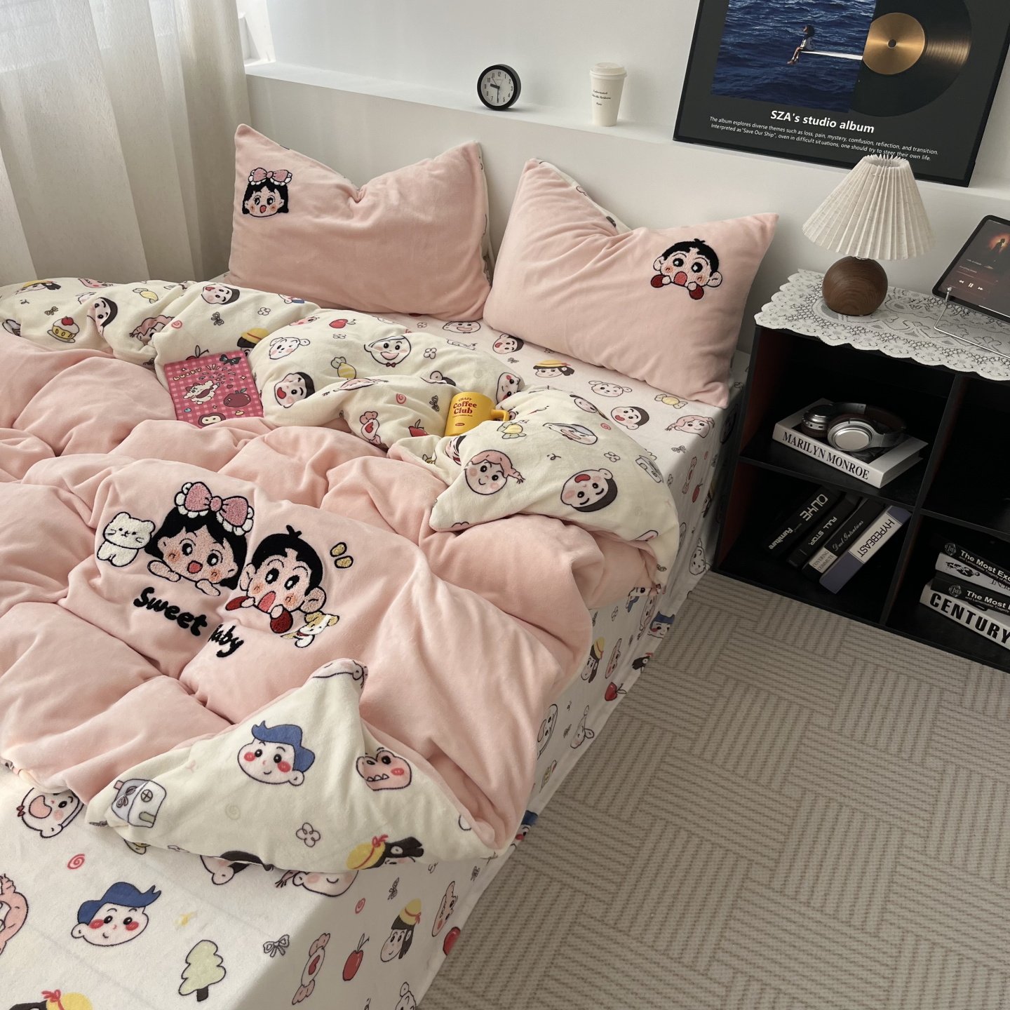 Korean Style Girl ins Cute and Fun Towel Embroidery Milk Velvet Four-Piece Set Coral Velvet Duvet Cover Bed Sheet Three-Piece Set 1.5