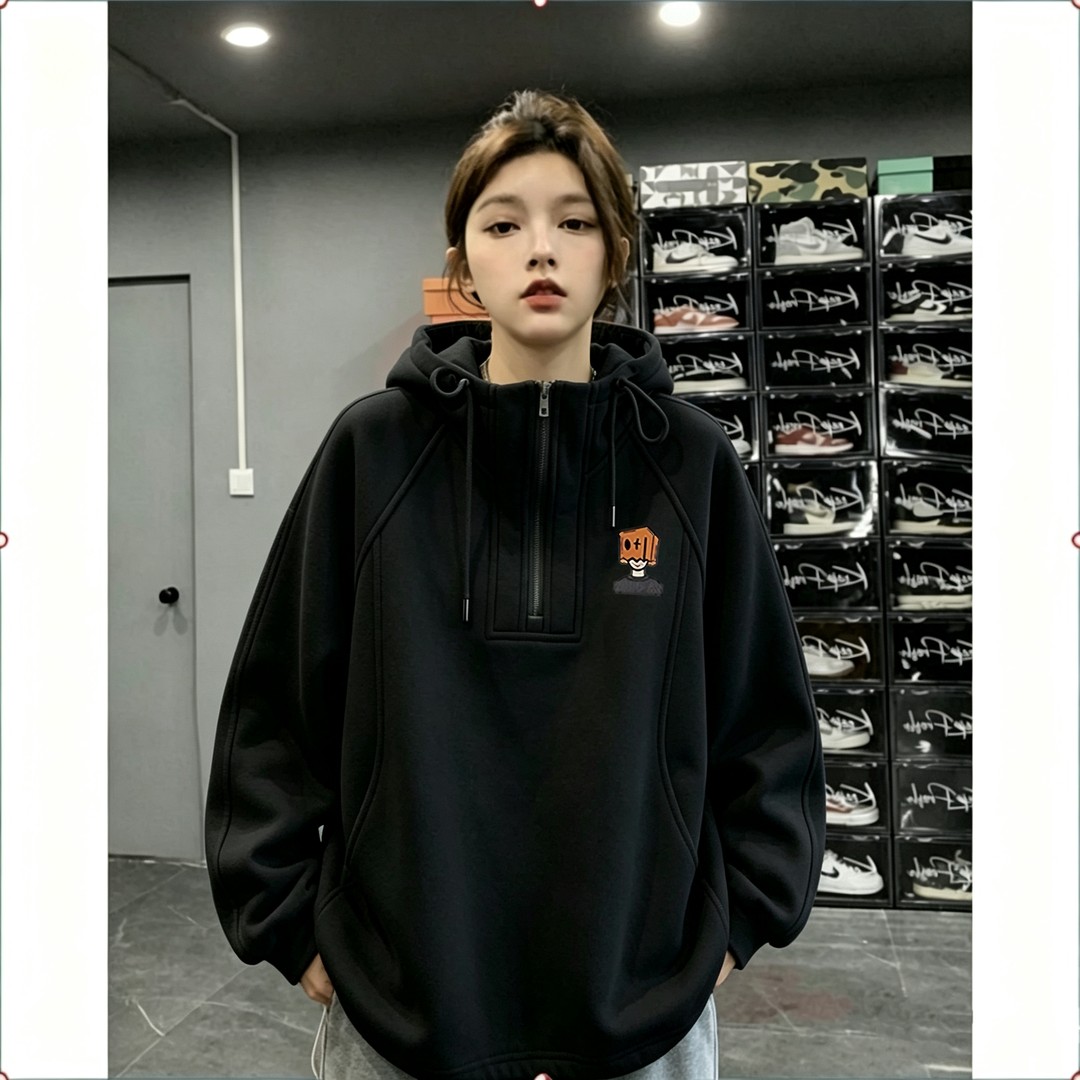 Plus Size 150kg Japanese Style Trendy Half-Zip Sweatshirt Unisex 2026 Early Autumn Niche Design Hoodie Jacket