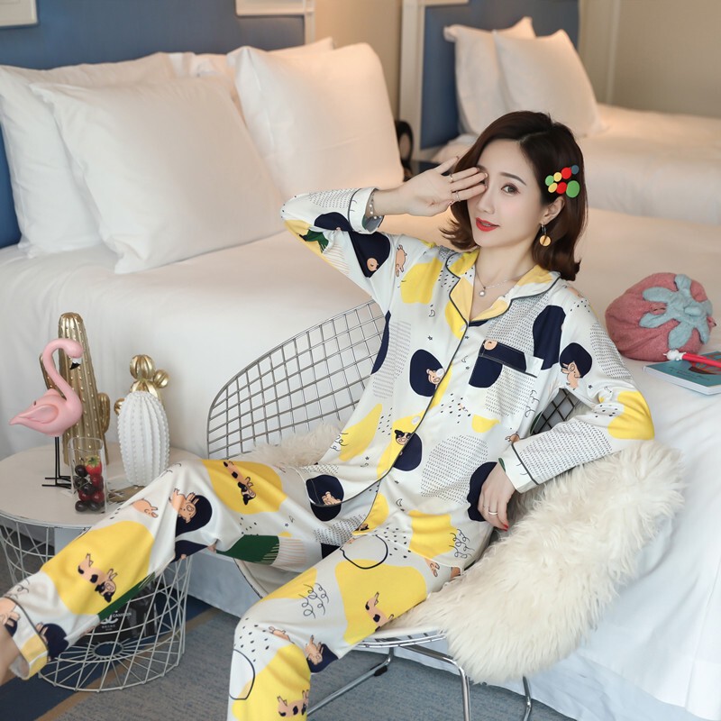 Women's Pajamas for Spring and Autumn, Pure Cotton, Plus-Size, Long-Sleeved, Cartoon Cardigan Set, Suitable for Wearing Outside as Loungewear