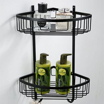 German black stainless steel bathroom wall corner rack shower room storage rack triangle with mesh basket bathroom hardware