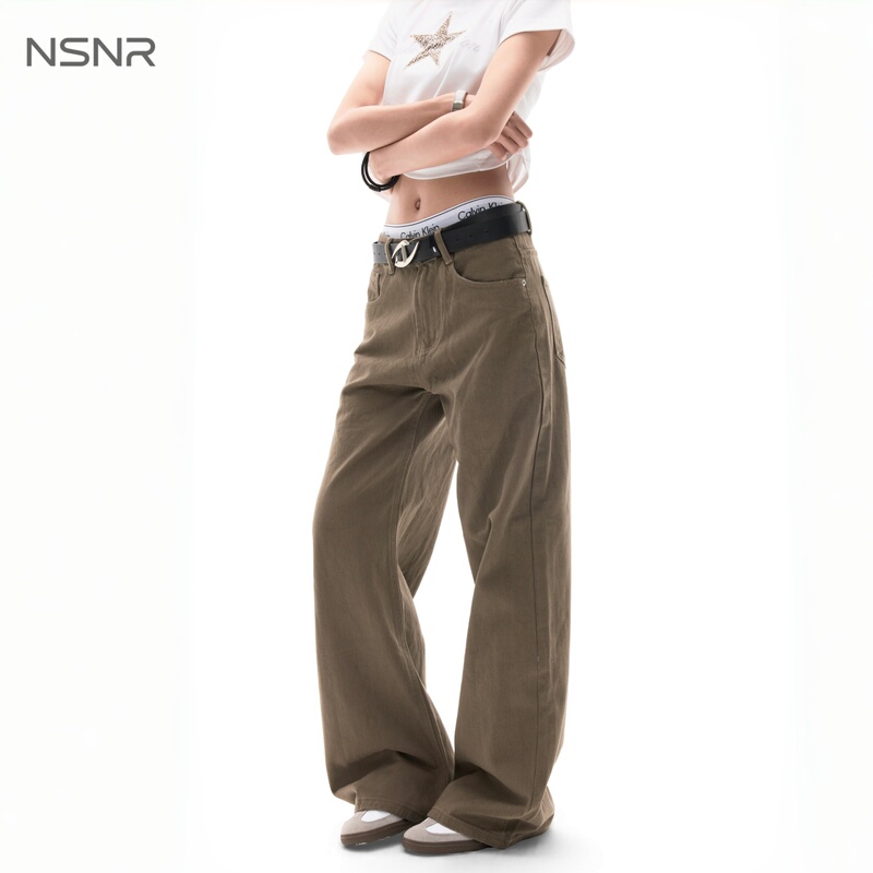 Nsnr American Retro Brown Wide-Leg Jeans for Men and Women, Loose Fit, Slimming, Versatile Long Pants