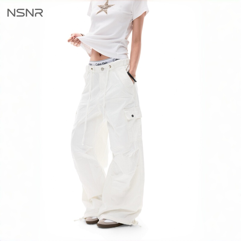 Nsnr American-Style Design Pure White Multi-Pocket Cargo Pants Unisex Wide-Leg Loose High Street Straight-Leg Scimitar Pants Nsnr American-Style Design Pure White Multi-Pocket Cargo Pants Unisex Wide-Leg Loose High Street Straight-Leg Scimitar Pants