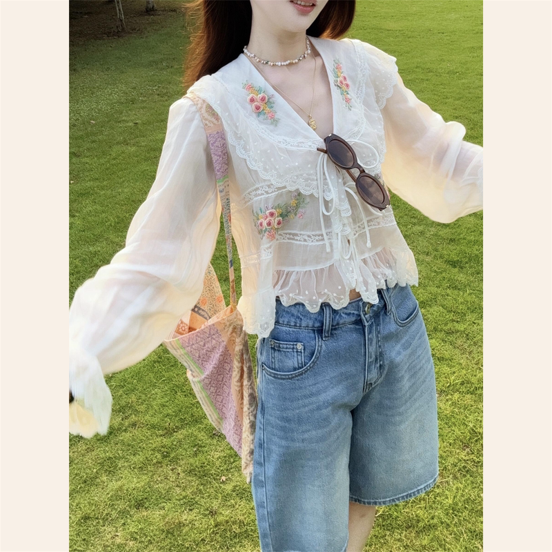 French Romantic Style Lace Embroidered Lace-Up Top White Sun Protection Breathable Blouse 2026 Summer New Women's Clothing