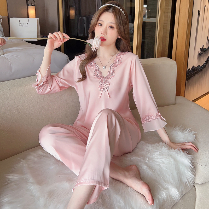 Pajama Set for Women, Summer Thin Style, Sexy Ice Silk, Long Sleeves, Large Size, Loose and Comfortable, Satin High-End Loungewear for Spring and Autumn