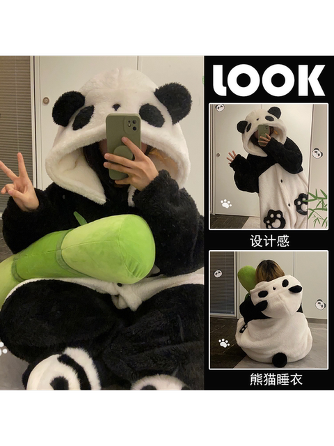 Vockoo Panda Pajamas for Women, Winter Coral Fleece, Thickened and Plush, Cute Bathrobe, One-Piece Sleepwear, Loungewear
