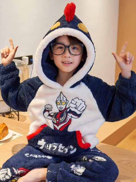 Vockoo Boys' Panda Pajamas Fleece-Lined Autumn and Winter Home Clothes Coral Fleece for Older Children Flannel Kidsren's Clothing