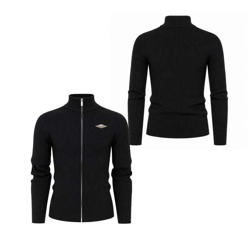 Karmanistic American Retro Metal Logo Slim Fit Textured Stand-Up Collar Sweater Knitted Jacket Top