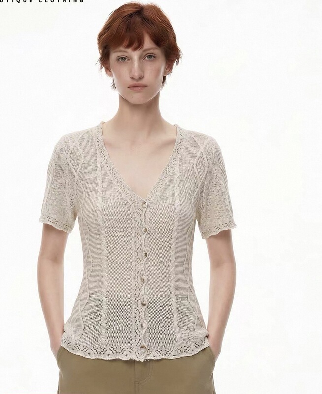 【V-Neck Diamond Pattern Cardigan】Linen and Tencel Blend Hollow Knit Cardigan for Women in Summer